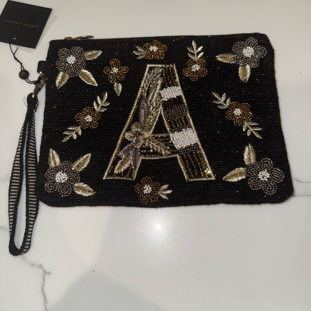 New America & Beyond Embroidered Black Clutch with Floral Design and letter A